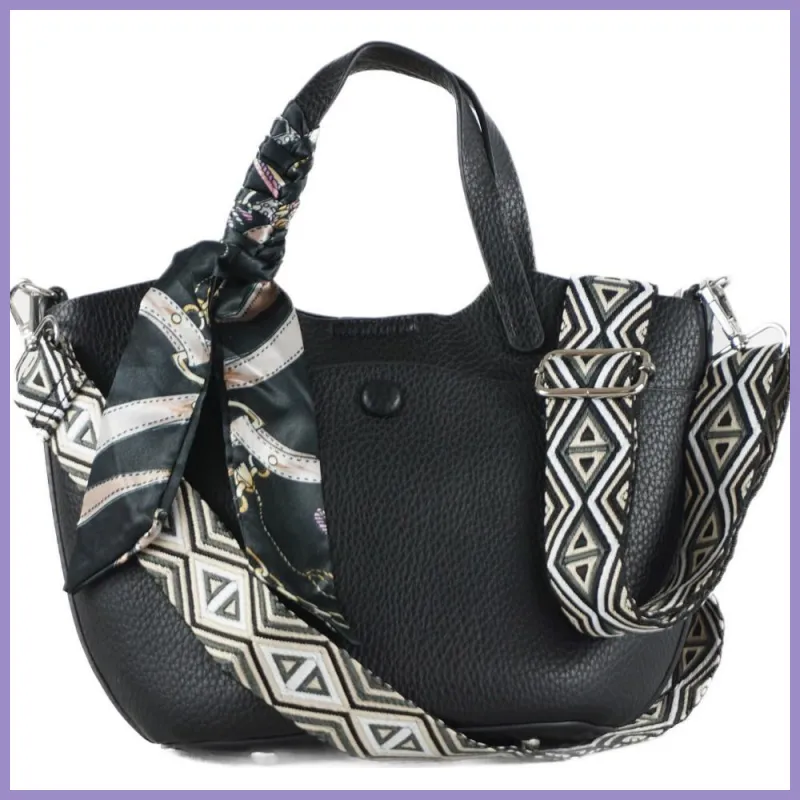 Csinos női kézitáska szalaggal, műbőr, fekete lupusbag-hu 1