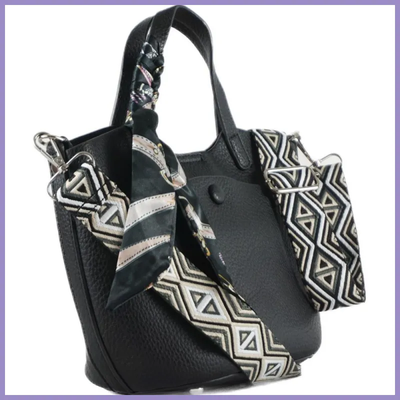 Csinos női kézitáska szalaggal, műbőr, fekete lupusbag-hu 2