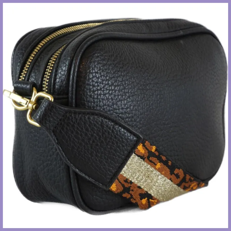 Duplarekeszes női keresztpántos táska szép pánttal, műbőr, fekete lupusbag-hu 2