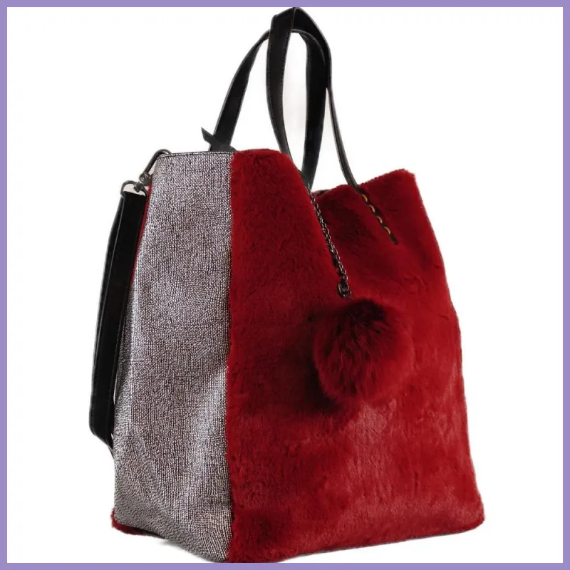 Nagyméretű plüss női válltáska pompommal, műbőr, piros lupusbag-hu 2