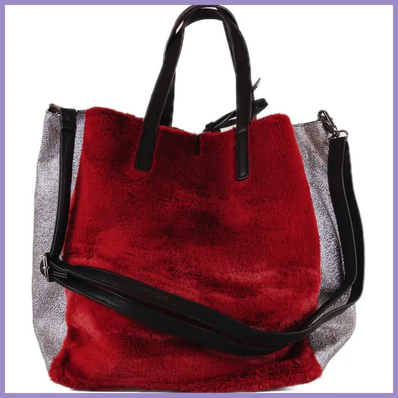 Nagyméretű plüss női válltáska pompommal, műbőr, piros lupusbag-hu 3