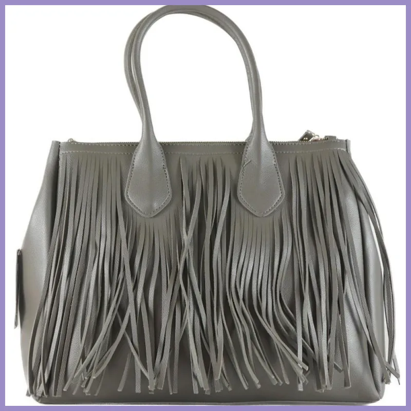 Nagyméretű rojtos kézitáska, műbőr, szürke lupusbag-hu 2