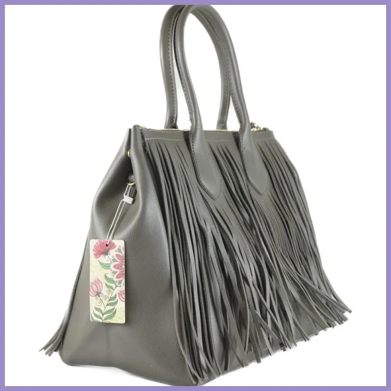 Nagyméretű rojtos kézitáska, műbőr, szürke lupusbag-hu 3