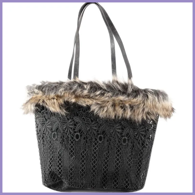 Nagyméretű szőrmés válltáska csipkéből, szürke lupusbag-hu 1
