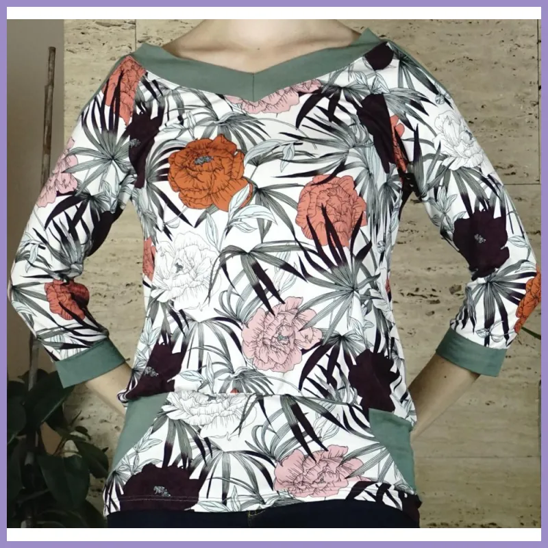 Női felső vállánál kivágott, virágmintás, zöld lupusbag-hu 1