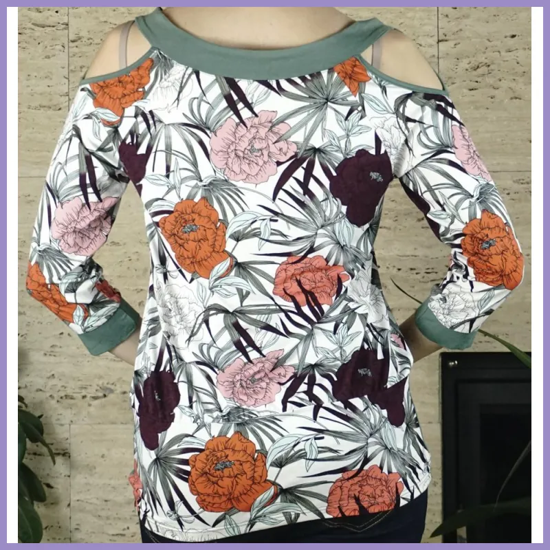 Női felső vállánál kivágott, virágmintás, zöld lupusbag-hu 3