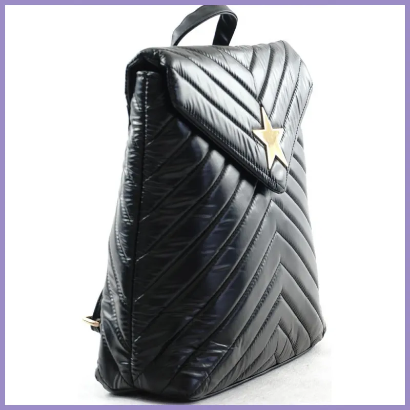 Női hátitáska csillaggal és V varrott mintával, vízhatlan, fekete lupusbag-hu 2