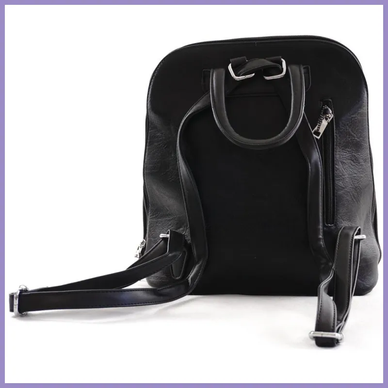 Női hátitáska elején virágmintával, fekete, műbőr lupusbag-hu 2