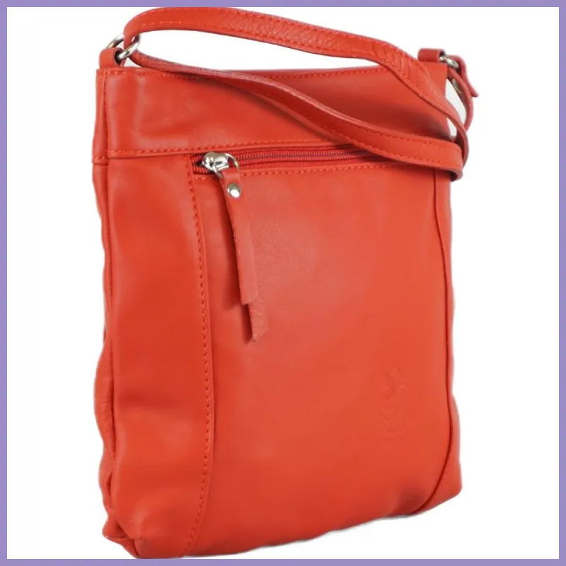 Női keresztpántos kistáska, elején cipzáras zsebbel, bőr, piros lupusbag-hu 2