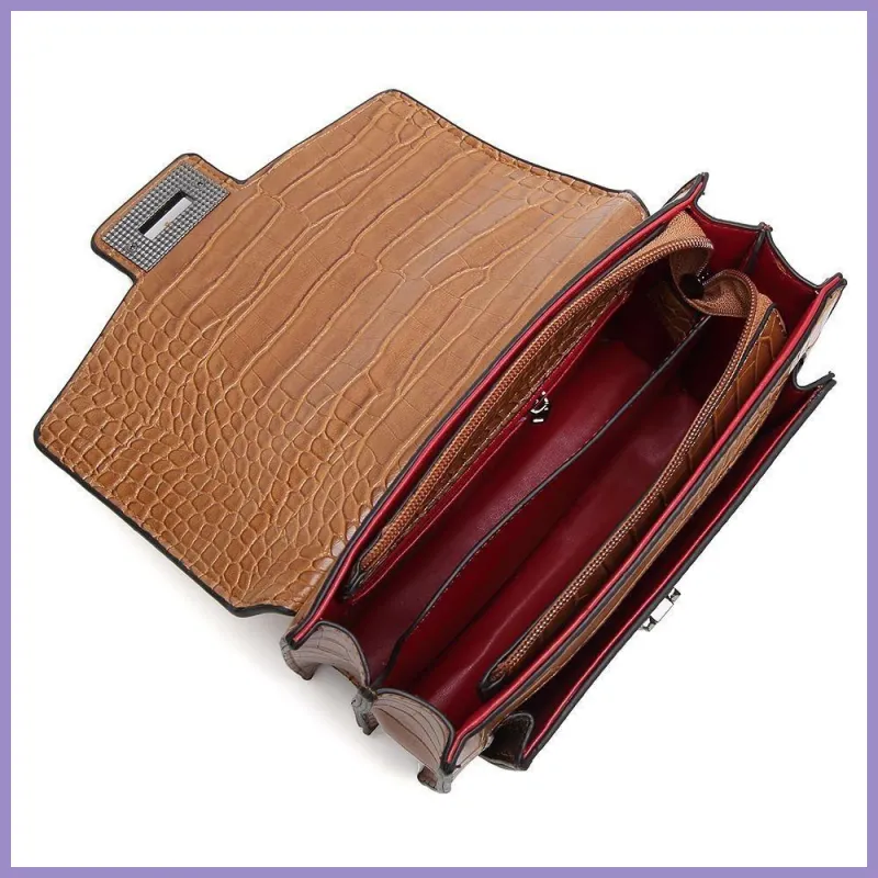 Női keresztpántos táska krokodilbőr mintával, műbőr, világosbarna lupusbag-hu 3