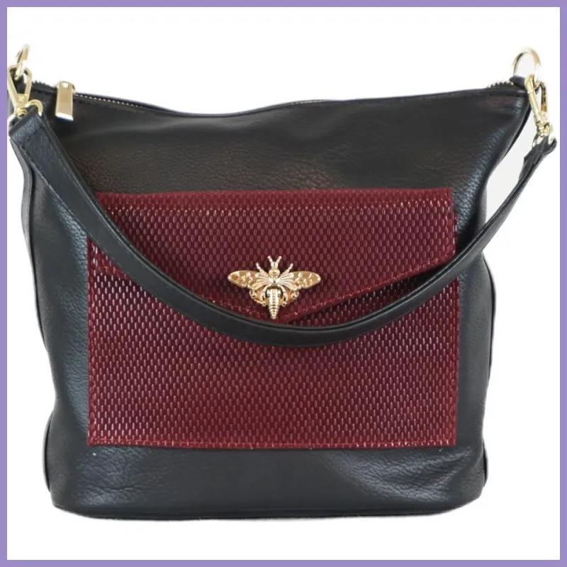 Női kézitáska elején bordó zsebbel, rostbőr, fekete lupusbag-hu 1