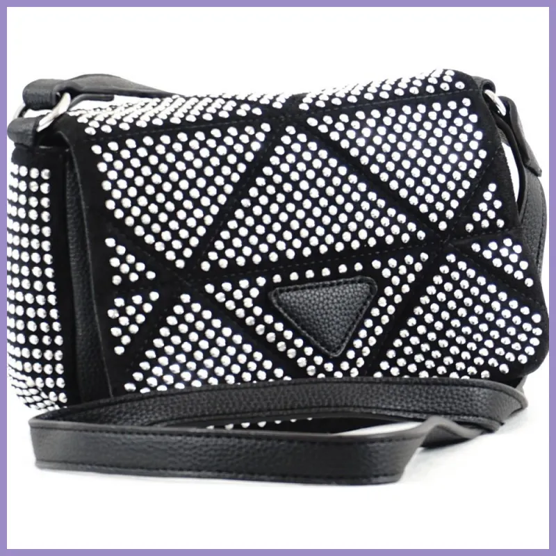 Női kisméretű keresztpántos táska strasszokkal, műbőr, fekete lupusbag-hu 2