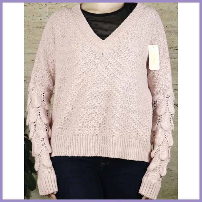 Női kötött pulóver, karja halpikkely mintás, rózsaszín lupusbag-hu 1