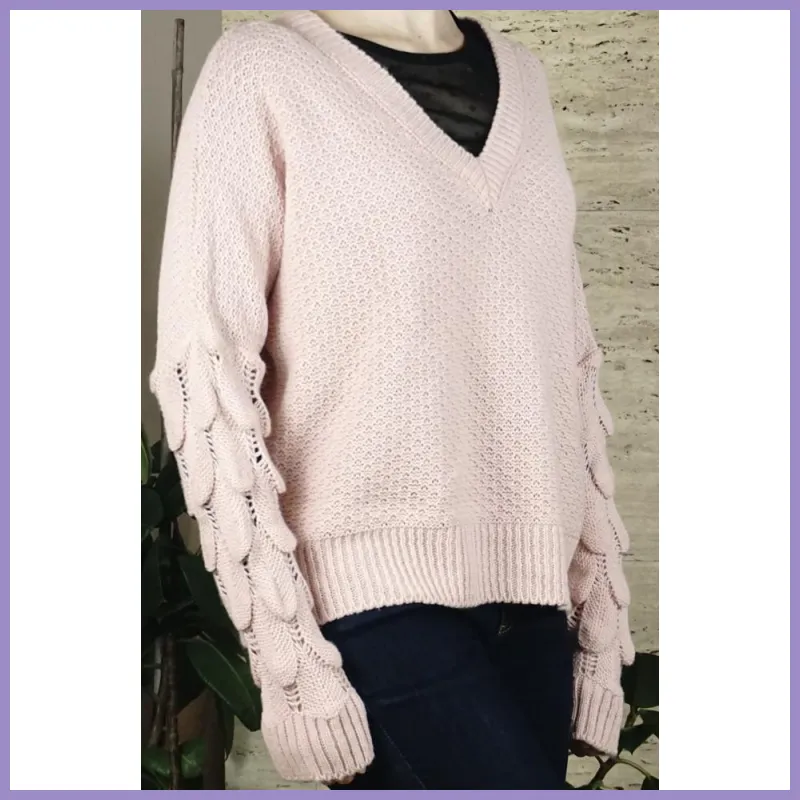 Női kötött pulóver, karja halpikkely mintás, rózsaszín lupusbag-hu 2