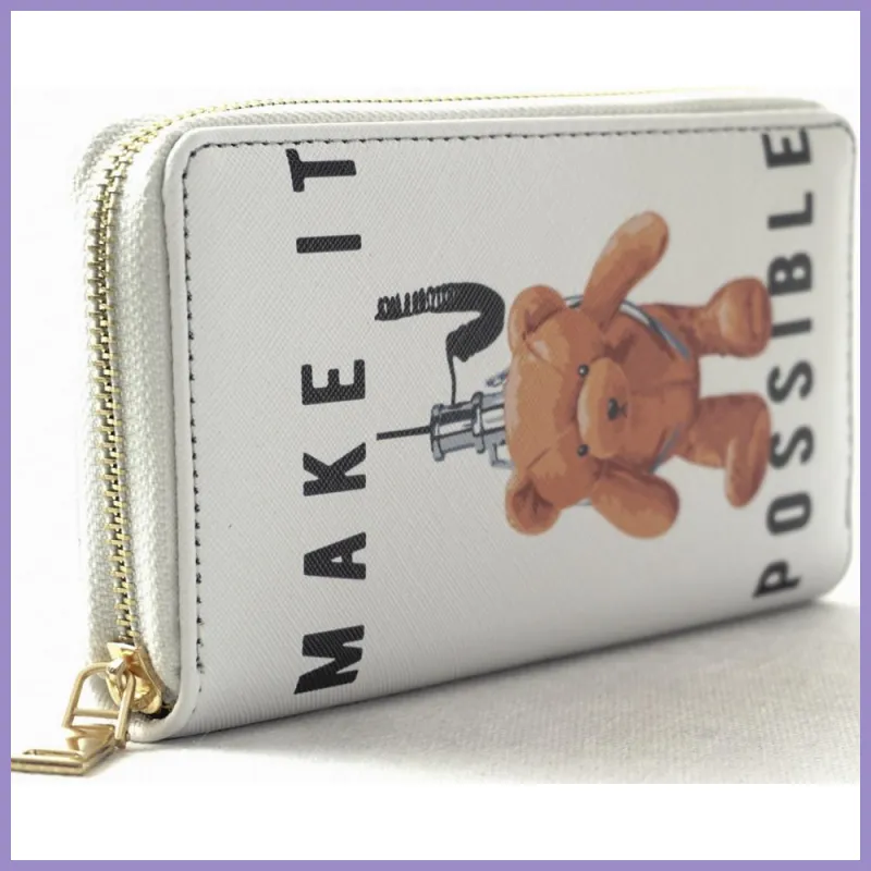 Női macis pénztárca felirattal, poliészter, fehér, "make it possible" lupusbag-hu 2