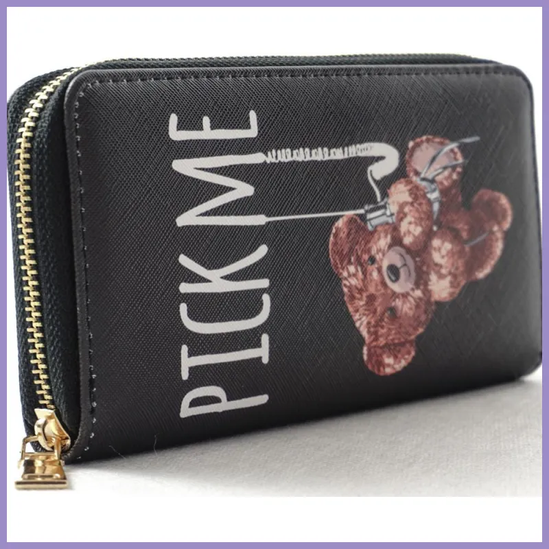 Női macis pénztárca felirattal, poliészter, fekete, "pick me" lupusbag-hu 2