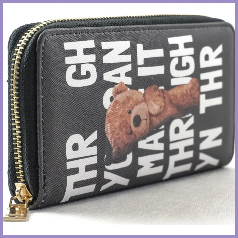 Női macis pénztárca felirattal, poliészter, fekete, "through" lupusbag-hu 2