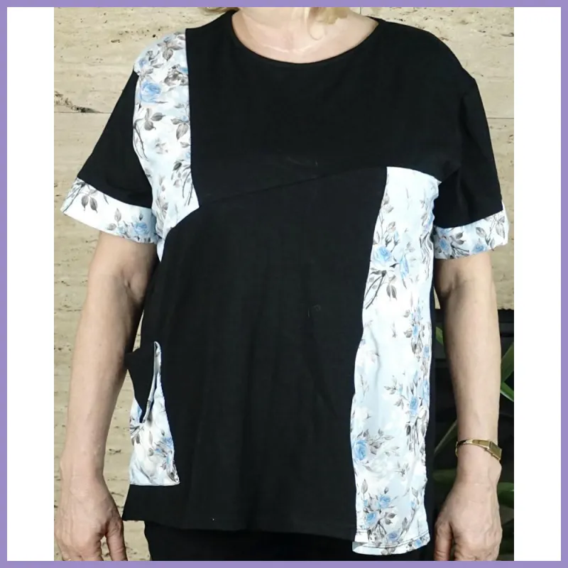 Női nagyméretű póló színes mintákkal, fekete-kék lupusbag-hu 2