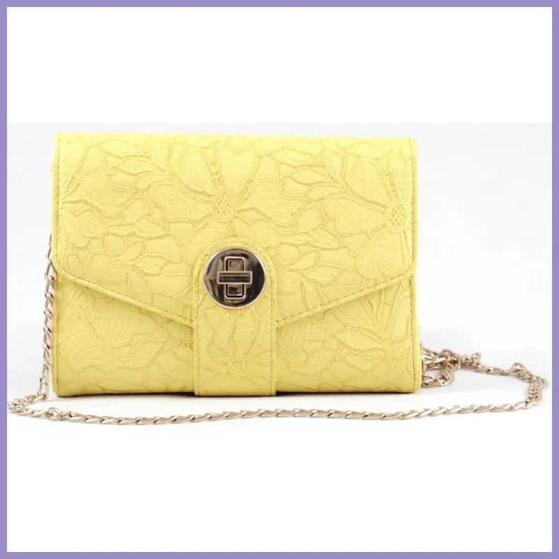 Női partitáska varrott virágos mintával, poliészter, sárga lupusbag-hu 1