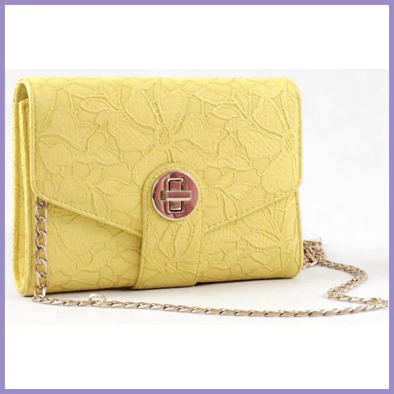 Női partitáska varrott virágos mintával, poliészter, sárga lupusbag-hu 2