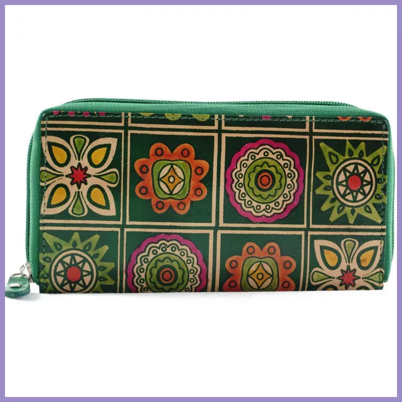 Női pénztárca indiai mintával, bőr, zöld lupusbag.hu 1