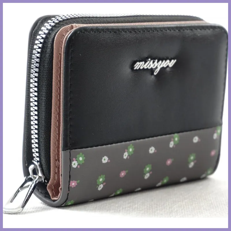 Női pénztárca, "missyou", virágokkal, műbőr, fekete lupusbag-hu 2