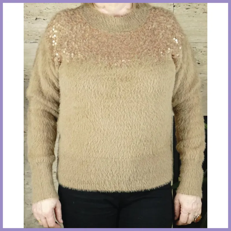 Női pulóver, flitteres, plüss, bézs lupusbag-hu 1