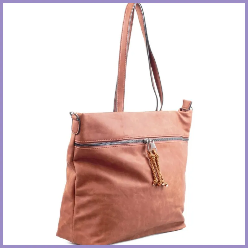 Női shopper válltáska elöl széles zsebbel, műbőr, barna lupusbag-hu 2