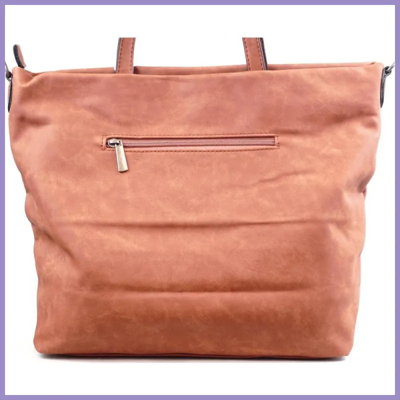 Női shopper válltáska elöl széles zsebbel, műbőr, barna lupusbag-hu 4