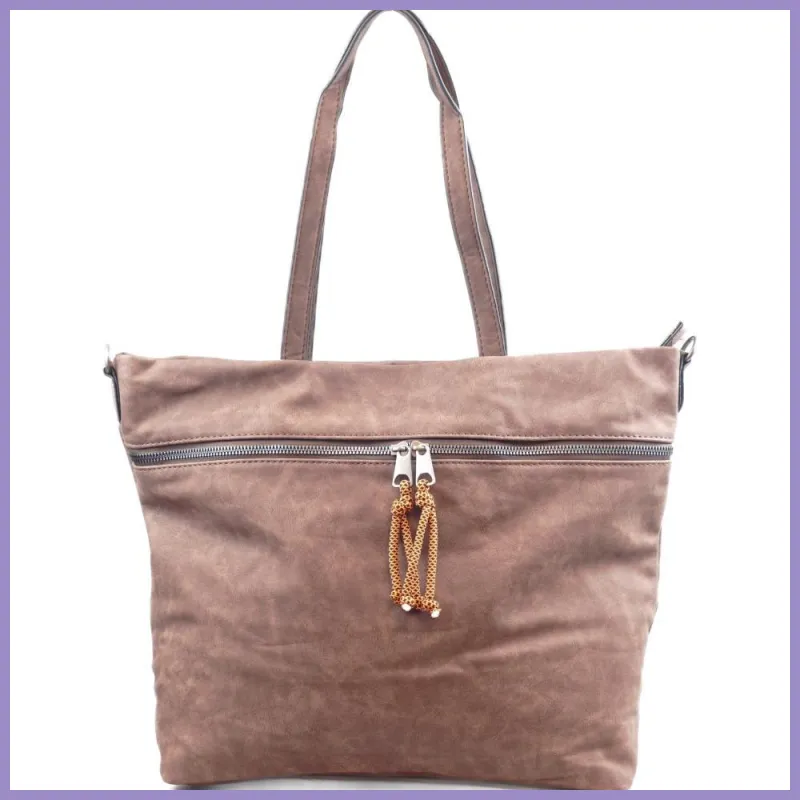 Női shopper válltáska elöl széles zsebbel, műbőr, sötétbarna lupusbag-hu 1