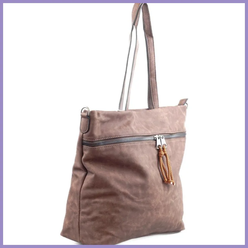 Női shopper válltáska elöl széles zsebbel, műbőr, sötétbarna lupusbag-hu 2