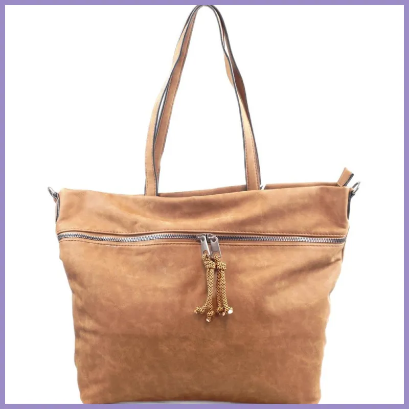 Női shopper válltáska elöl széles zsebbel, műbőr, világosbarna lupusbag-hu 1