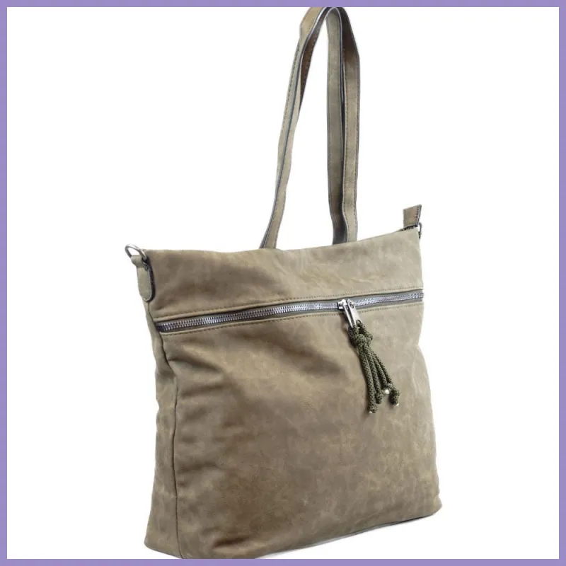 Női shopper válltáska elöl széles zsebbel, műbőr, zöld lupusbag-hu 2