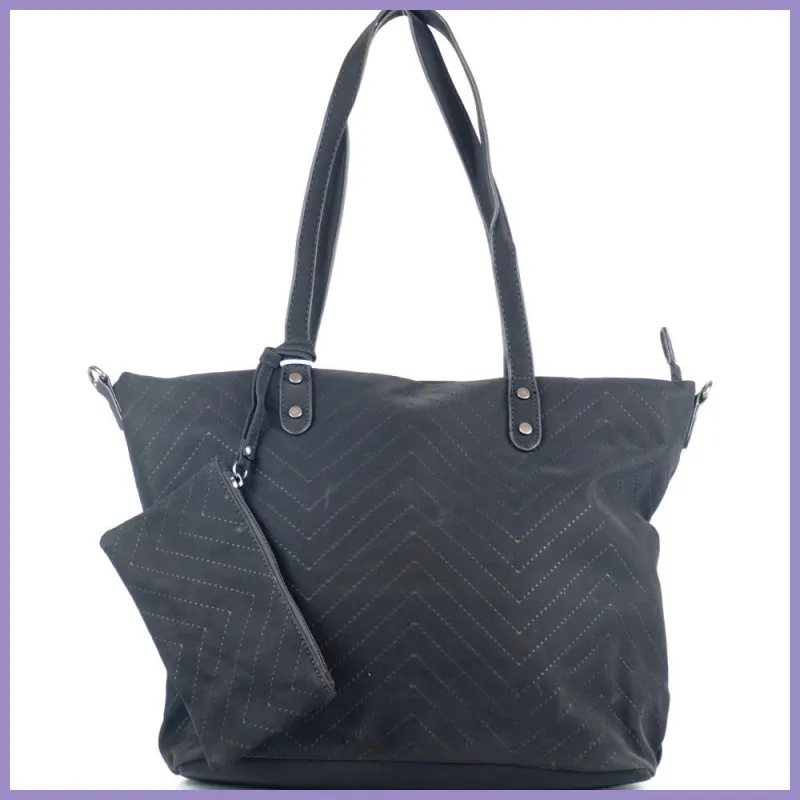 Női shopper válltáska lyuggatott V mintával, poliészter, fekete lupusbag-hu 1