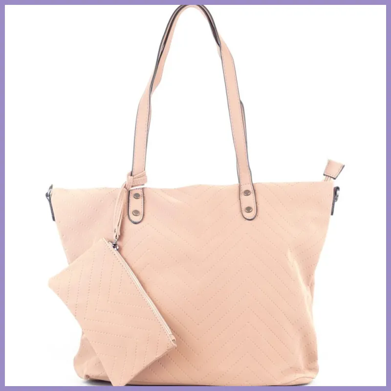 Női shopper válltáska lyuggatott V mintával, poliészter, rózsaszín lupusbag-hu 1