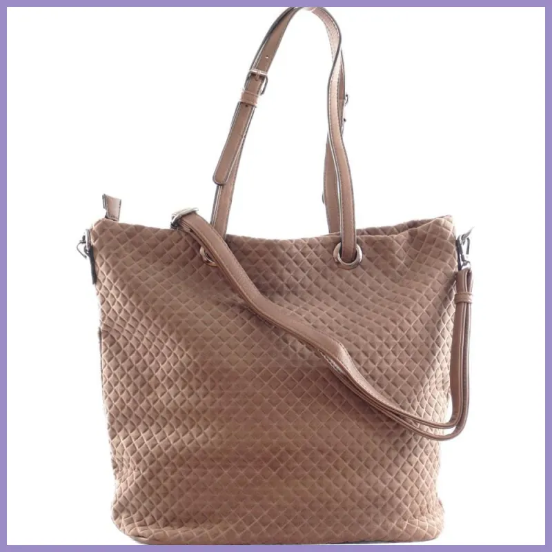 Női shopper válltáska nyomott négyzet mintával, velúr, barna lupusbag-hu 1