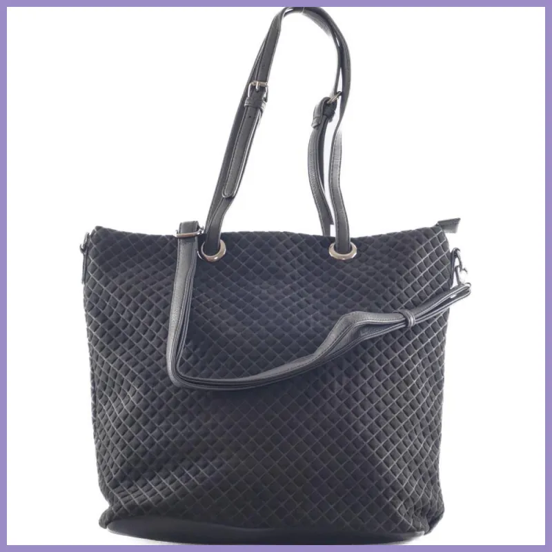 Női shopper válltáska nyomott négyzet mintával, velúr, fekete lupusbag-hu 1