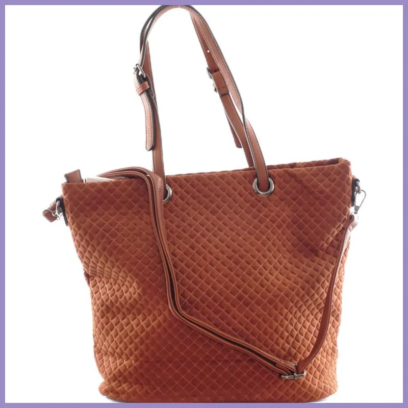 Női shopper válltáska nyomott négyzet mintával, velúr, világosbarna lupusbag-hu 1