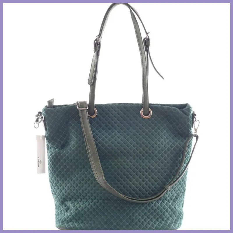 Női shopper válltáska nyomott négyzet mintával, velúr, zöld lupusbag-hu 1