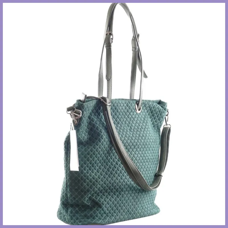 Női shopper válltáska nyomott négyzet mintával, velúr, zöld lupusbag-hu 2