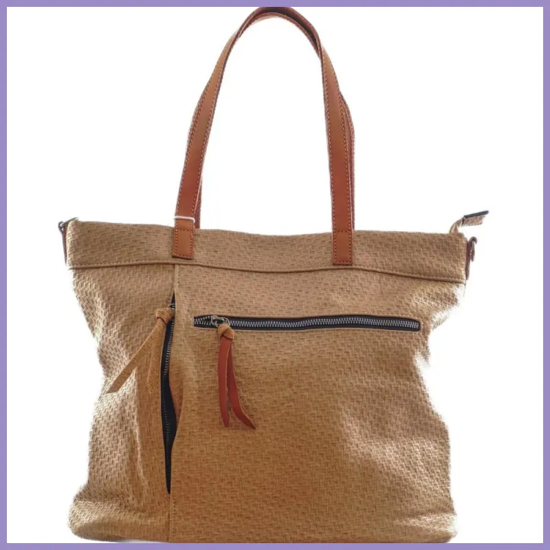 Női shopper válltáska szőttes mintával, műbőr, bézs lupusbag-hu 1