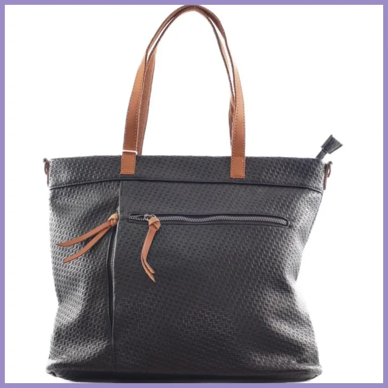 Női shopper válltáska szőttes mintával, műbőr, fekete lupusbag-hu 1