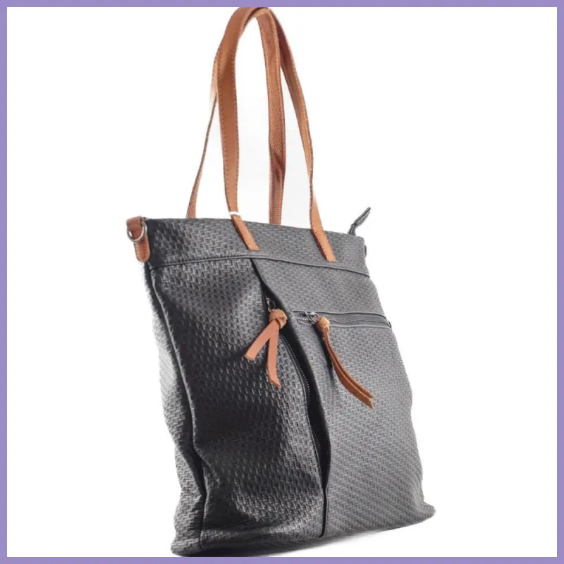 Női shopper válltáska szőttes mintával, műbőr, fekete lupusbag-hu 2