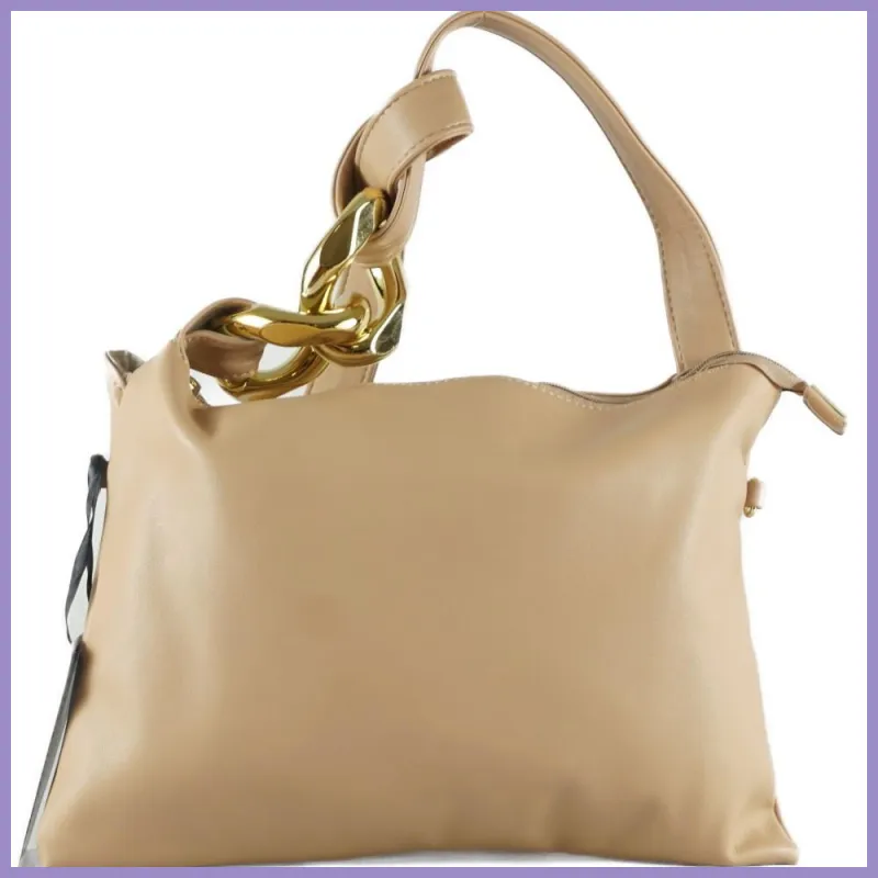 Női válltáska nagy láncszemmel, műbőr, világosbarna lupusbag-hu 1
