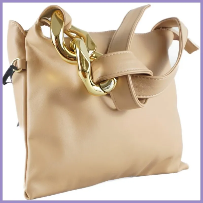 Női válltáska nagy láncszemmel, műbőr, világosbarna lupusbag-hu 2