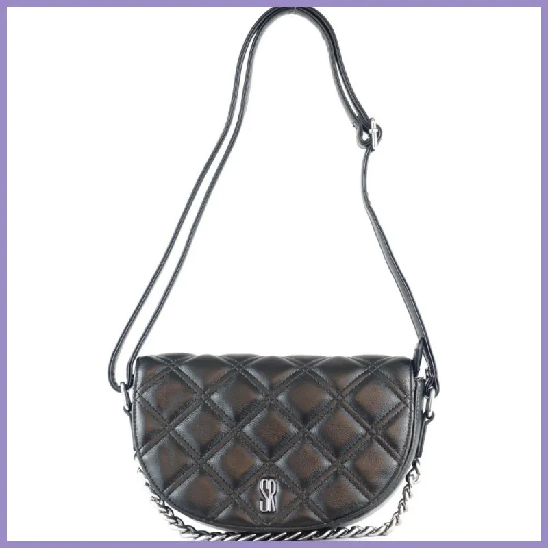 Silvia Rosa láncos női keresztpántos táska, puha steppelt, műbőr, fekete lupusbag-hu 1