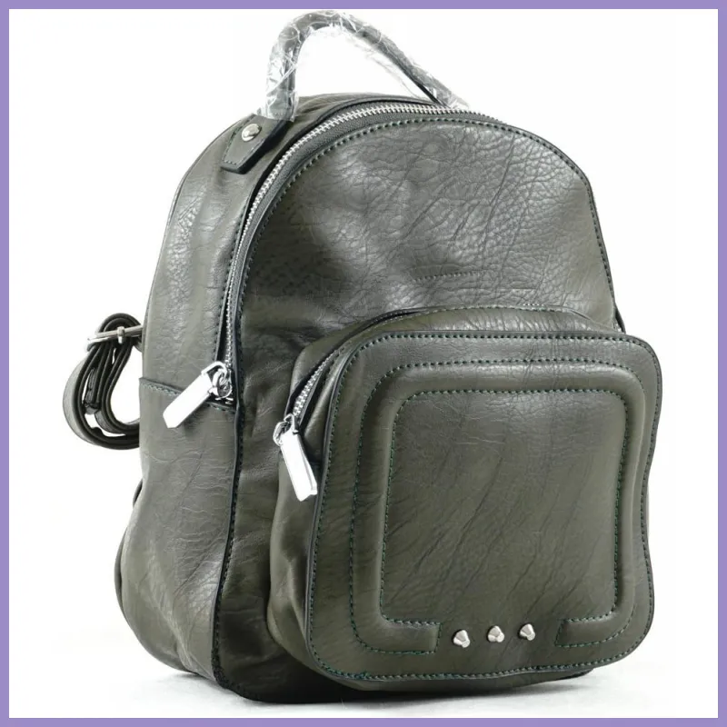 Silvia Rosa női hátitáska elöl nagy zsebbel, műbőr, sötétzöld lupusbag-hu 2