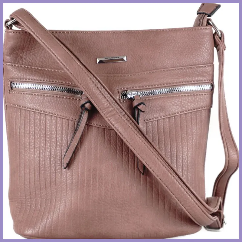 Silvia Rosa női válltáska elöl dupla zsebbel, műbőr, világosbarna lupusbag-hu 1