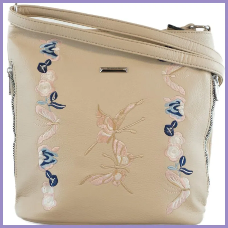 Silvia Rosa női válltáska hímzett pillangós mintával, műbőr, bézs lupusbag-hu 1