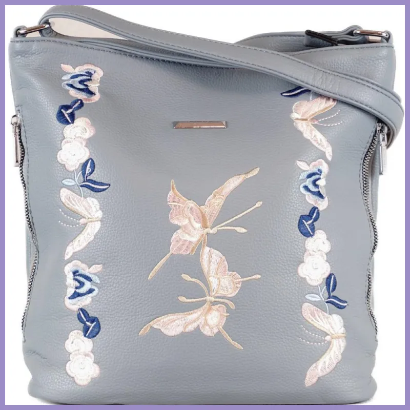 Silvia Rosa női válltáska hímzett pillangós mintával, műbőr, kék lupusbag-hu 1